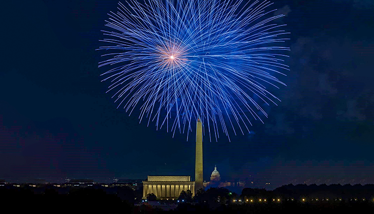Independence Day fireworks photo capturing the Lincoln Memorial, Washington Monument and the U.S. Capitol included in The Washington Post Fourth of July story. (Photo by Michael Coffman)