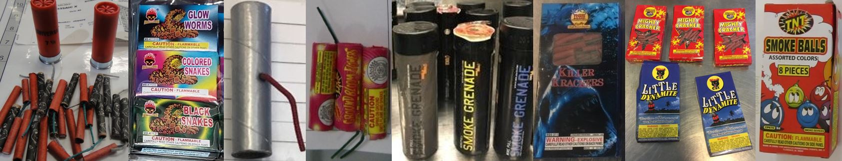 Fireworks are not allowed in either carry-on or checked bags. The fireworks pictured here are just some of the fireworks discovered recently. These were discovered in carry-on and checked bags at ABQ, BNA, BWI, CID, JFK, LAS, OWB, PIT and RIC.