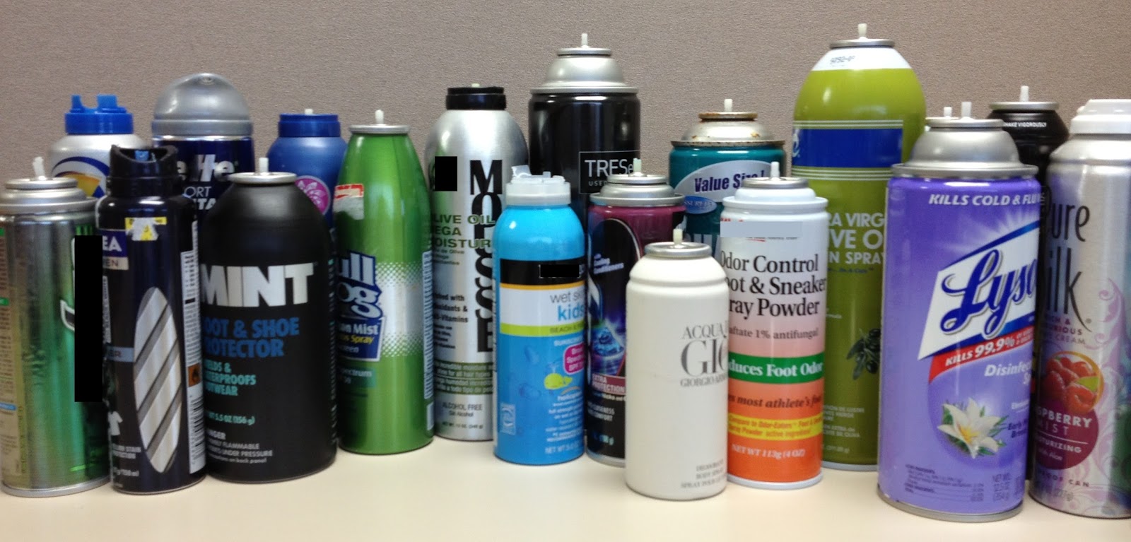 These are samples of several aerosol items that did not make it past the checkpoint in carry-on baggage and were surrendered to TSA at the checkpoint. 