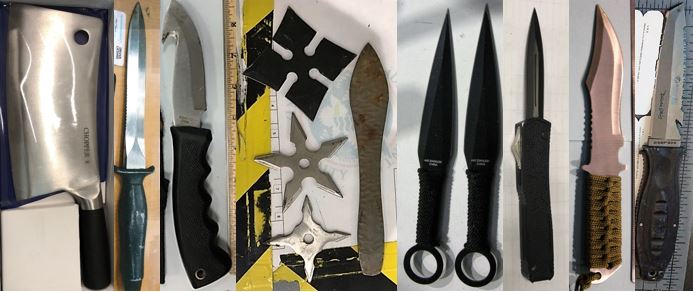 From left to right, these prohibited items were discovered in carry-on bags at IAH, ATL, LGA, CMH, OAK, CLE, OAK and RSW. 