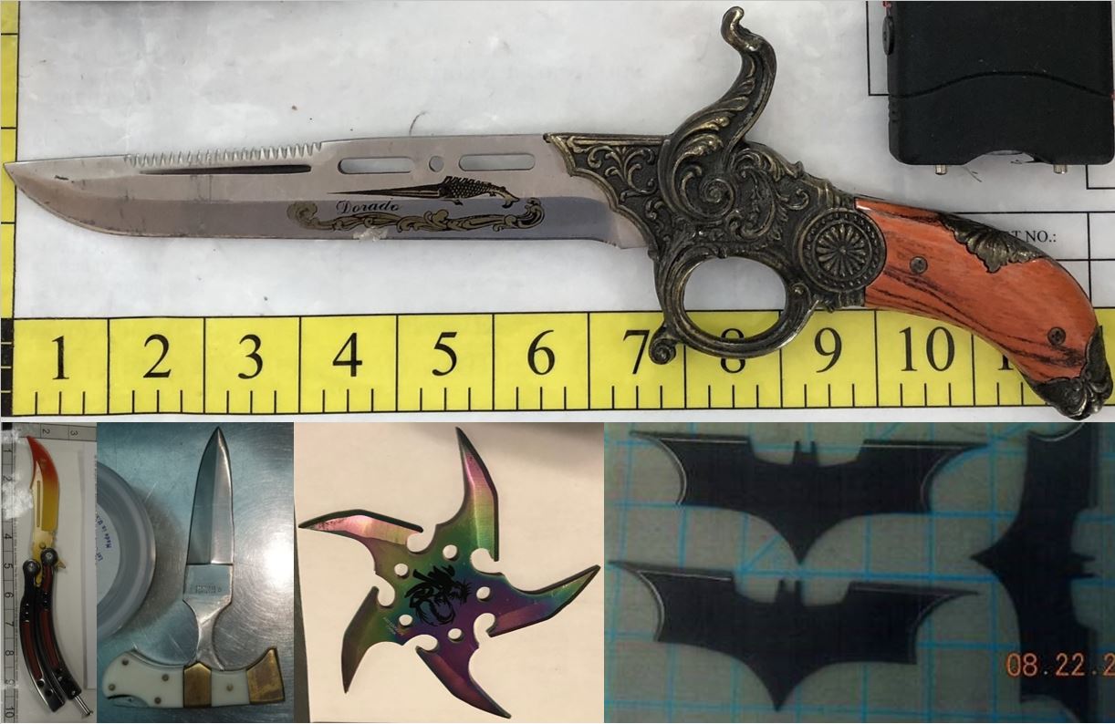 Clockwise from the top, these prohibited items were discovered in carry-on bags at STL, DEN, DCA, BNA and ABQ.