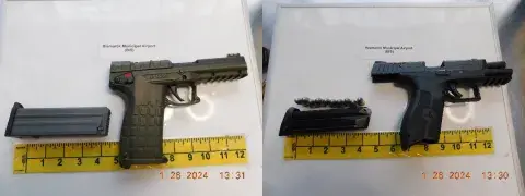 These handguns were detected by TSA officers in a passenger’s carry-on bag at Bismarck Municipal Airport (BIS) on Jan. 26. (TSA photo)