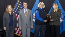DEN Lead TSA Officer Julia Perry named Passenger Support Specialist of the Year during the 2023 TSA Honorary Awards Ceremony. Pictured with TSA Deputy Administrator Holly Canevari, Administrator David Pekoske and Department of Homeland Security Acting Deputy Secretary Kristie Canegallo. (Bruce Milton photo)