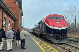 Amtrak passenger train pulls into a station in Ontario, Canada. (Photo provided by Victoria Schwab)