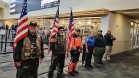 Freedom Riders and San José Mineta International Airport Supervisory TSA Officer Yadira Labate meet Wounded Warrior vets from Texas. (Johney Radle)