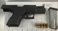  TSA officers stopped a man with this loaded .45 caliber gun at the Washington Dulles International Airport security checkpoint on Monday, April 24. (TSA photo)