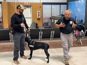 TSA Supervisory Training Instructor Alberto Verastequi offers canine guidance to DGAC Canine Training Manager Mauricio Matus-Miranda. (TSA CTC photo)