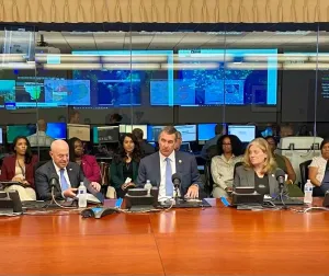 DADM Holly Canevari with DHS Secretary Alejandro Mayorkas and Administrator Pekoske at recent National Town Hall held at the Transportation Security Operations Center. (Photo courtesy of Holly Canevari)