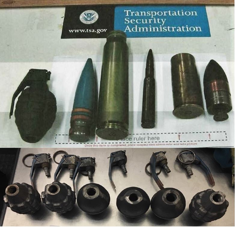 The inert ordnance on top was discovered in a checked bag at Tampa (TPA) and the inert grenades on the bottom were discovered in as checked bag at Norfolk (ORF). 